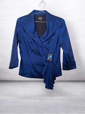 Xscape Women’s Royal Blue Satin Draped Wrap Jacket with Jeweled Accent Size 8